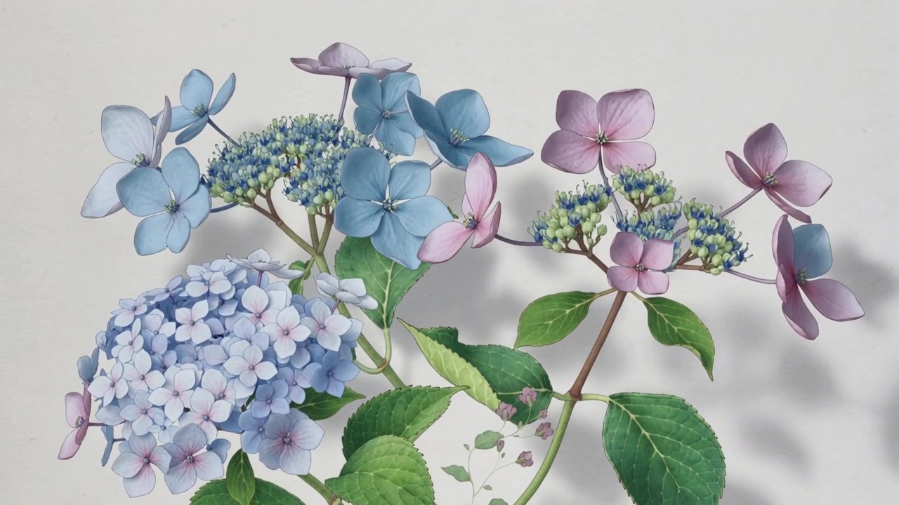 Zooming camera revealing hydrangea-like stem with two clusters on off-white paper, showing venation