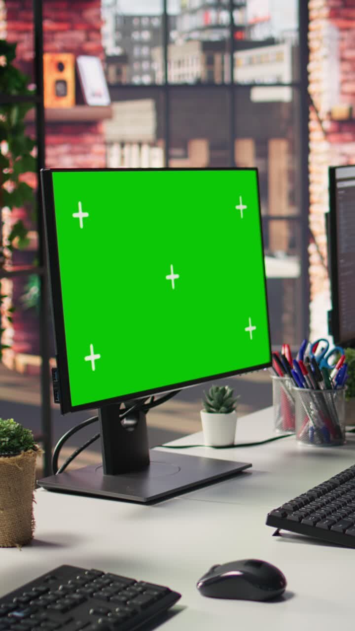 Video verticale. Computer mockup con schermo verde in ufficio accanto a monitor che mostrano metriche dei dati.