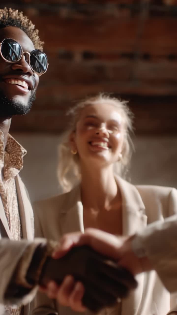 Présentation chaleureuse d’une entreprise mettant en scène deux professionnels se serrant la main avec le sourire, symbolisant la réussite et la collaboration dans une atmosphère conviviale