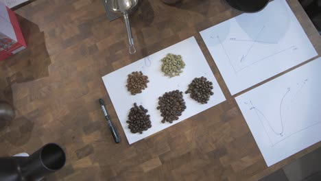 granos de café organizados en pilas al lado de gráficos en papel en una mesa de azulejos de madera moderna
