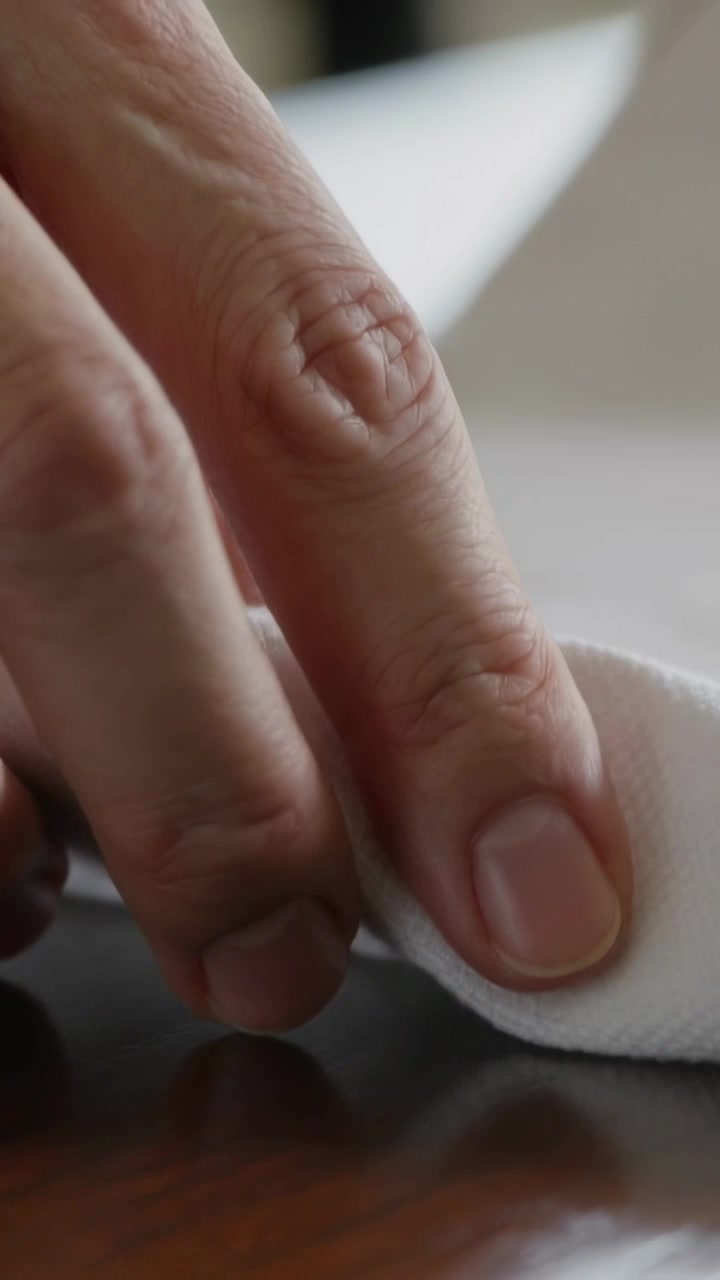 Video verticale: Mano che si allunga, pizzica e liscia un panno bianco su un tavolo scuro per appiattire il tessuto.