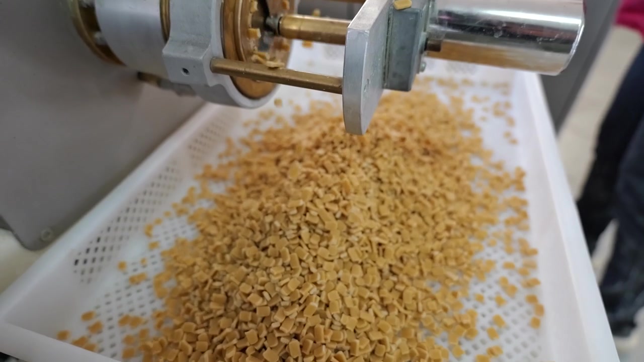 Vista ravvicinata di una macchina per estrusione di pasta che produce piccoli pezzi sagomati che cadono in un vassoio perforato mentre un operaio sta accanto all'attrezzatura nell'officina.