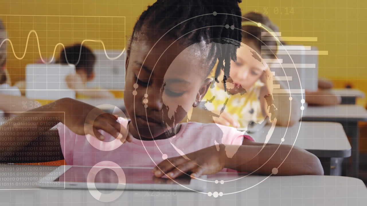 Studying at desk, children with digital data animation in school classroom scene