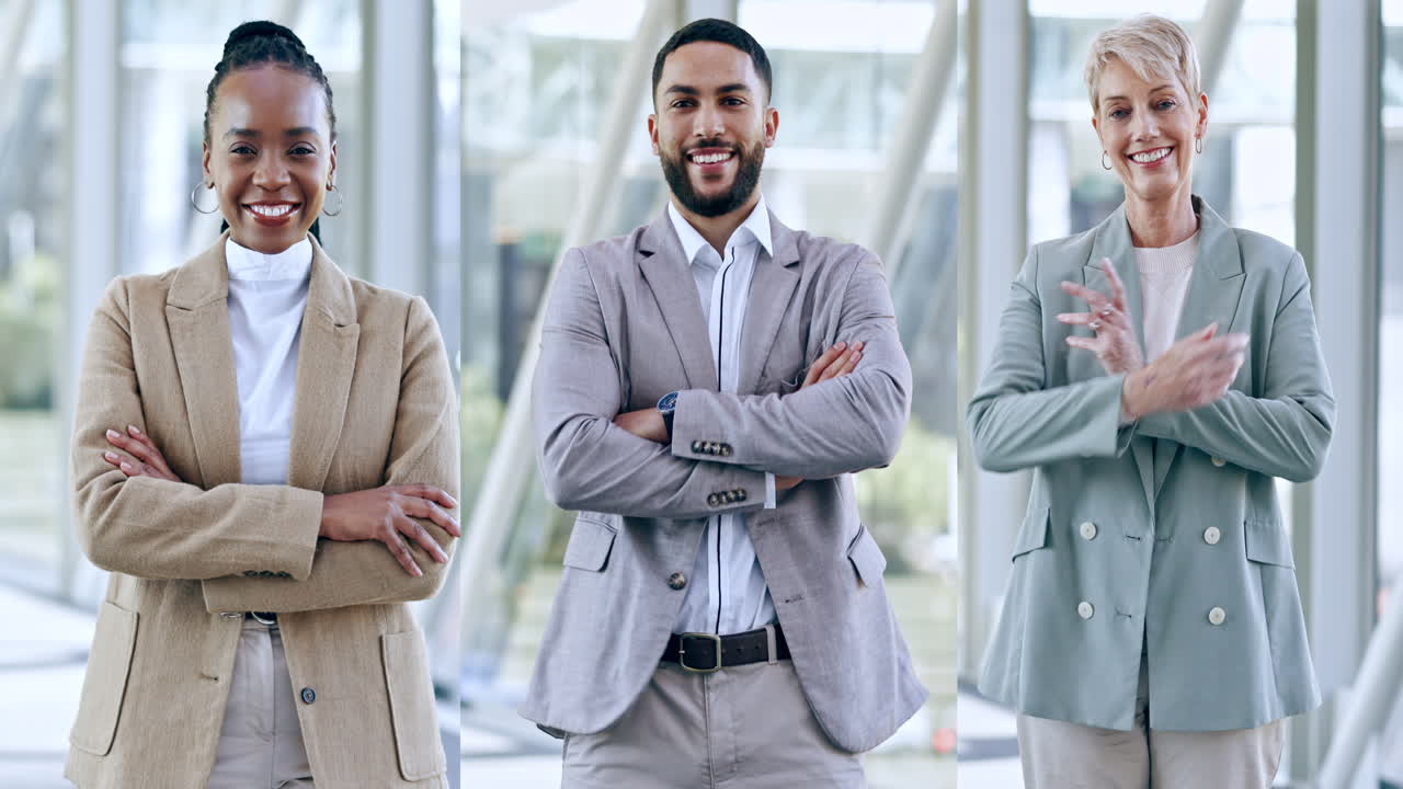Crossed arms, happy and face of business people