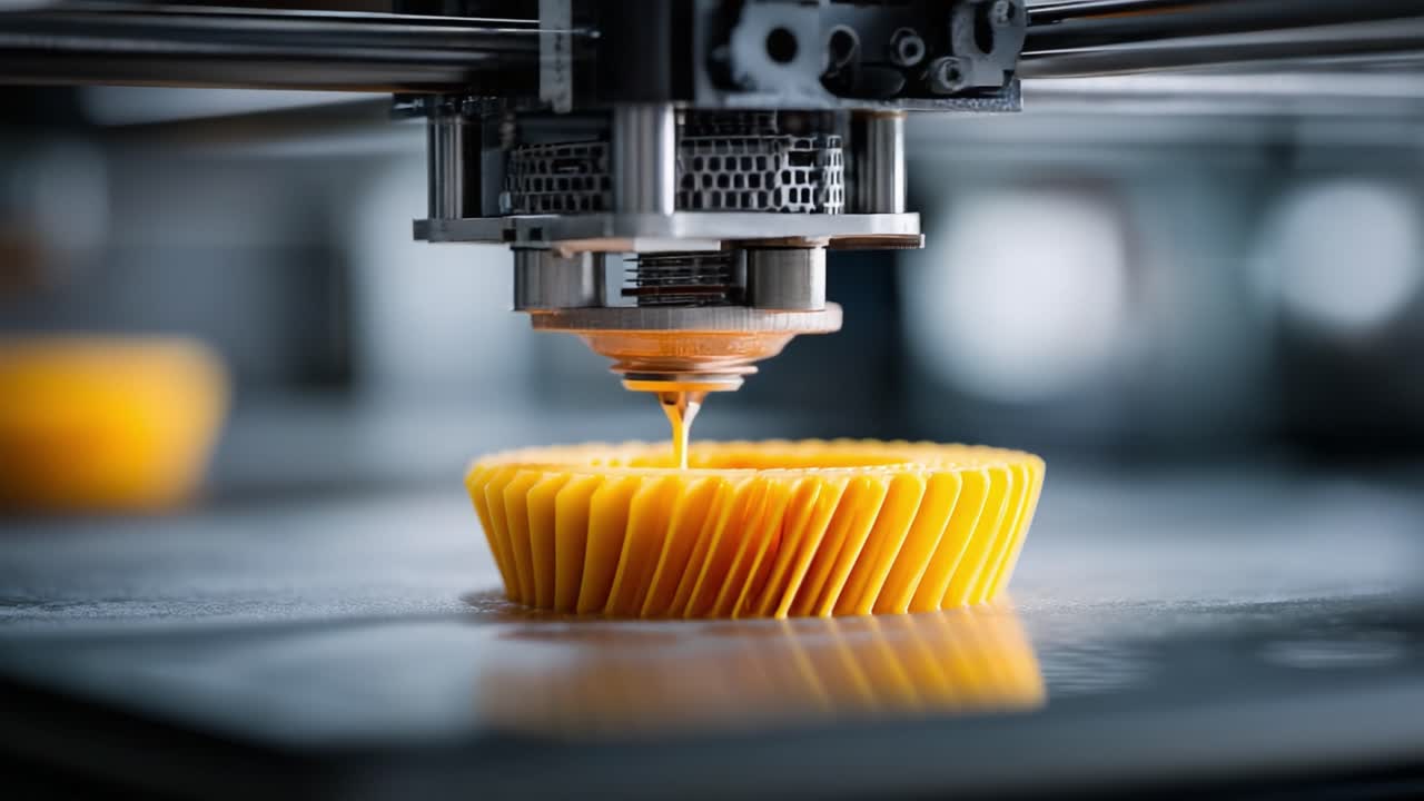 Advanced 3D Printing Technology Creating Detailed Yellow Cupcake Shapes with Precision Motion in a Modern Manufacturing Environment