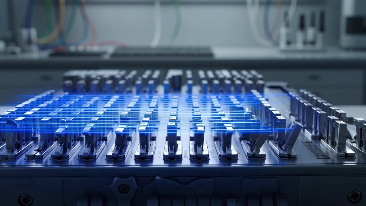 Blue Light Energy Flowing Across a Modern Data Server