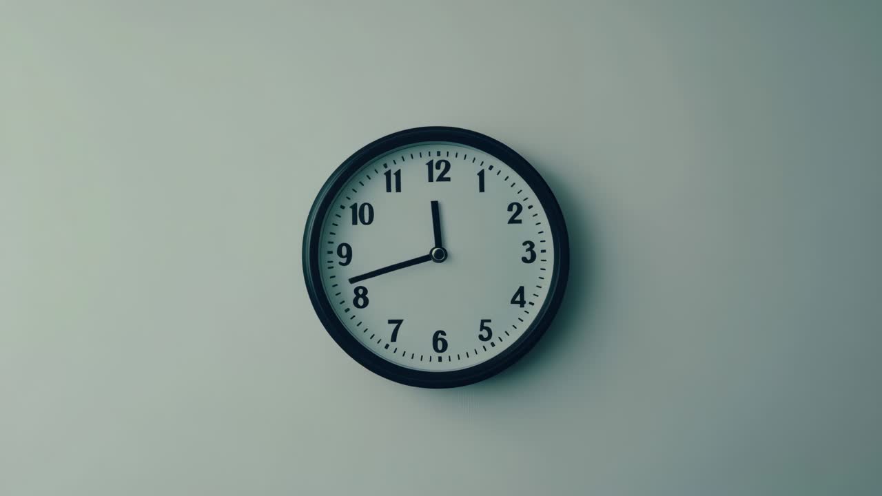 Minimalist video concept of a wall clock captured from a straight-on angle, emphasizing simplicity
