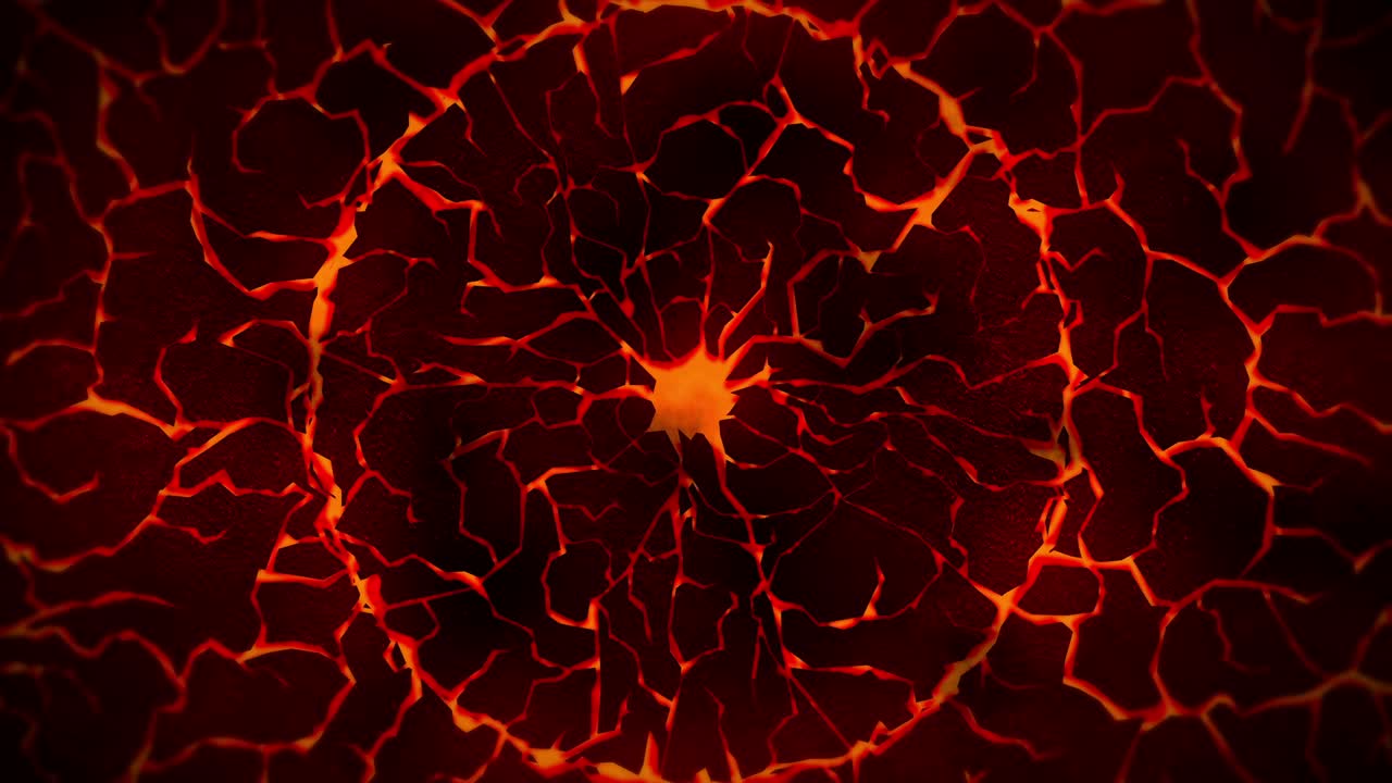 fondo oscuro con suelo agrietado rojo. humo, niebla, polvo. animación de bucle de lava derretida. superficie de la tierra. suelo de combustión de calor.