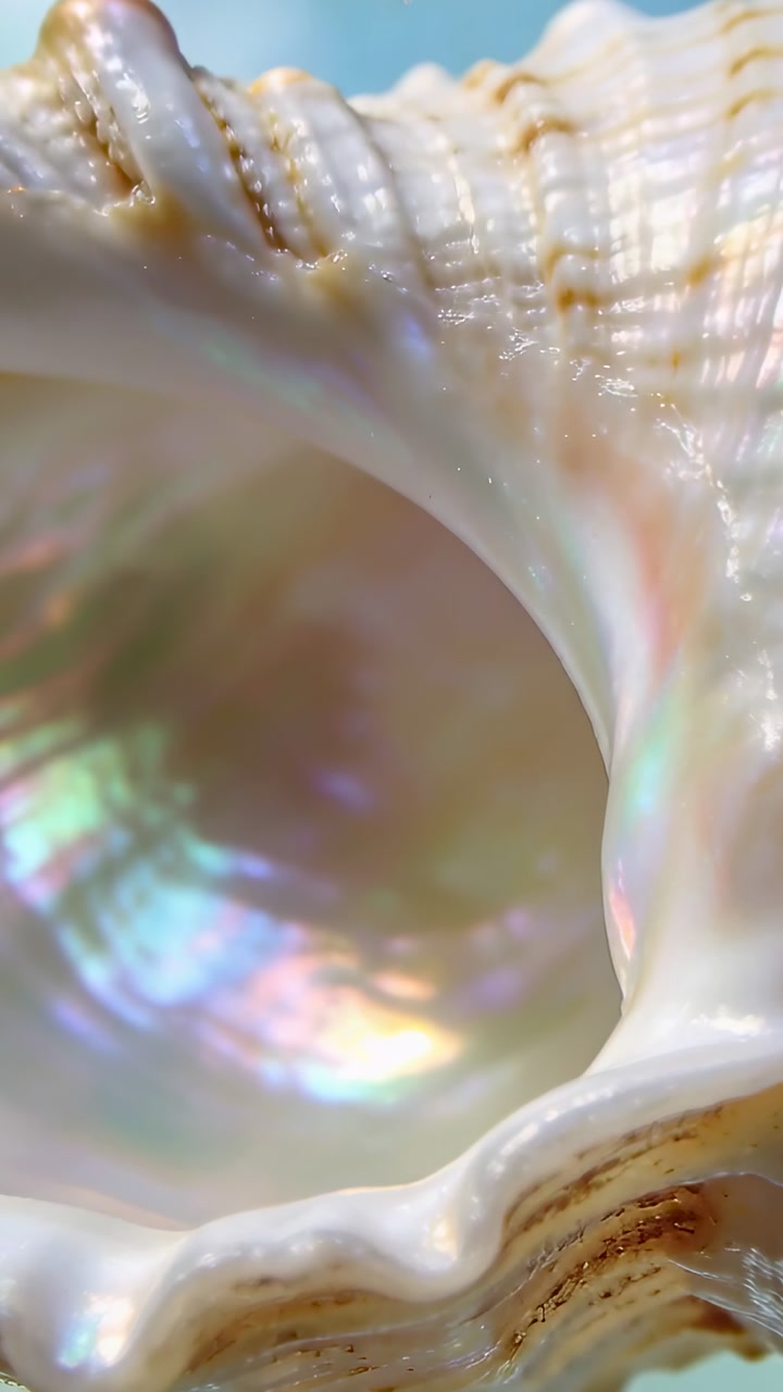 Vertical video: Tilting camera revealing shell at table, capturing nacre shimmer and brown streaks