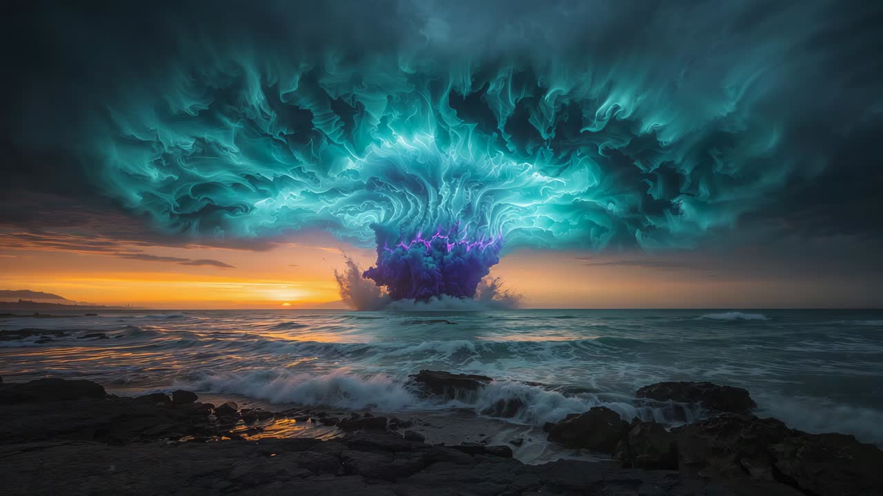 Attivato dal bagliore del tramonto, una pulsante nuvola di tempesta turchese si espande sopra la costa rocciosa, spingendo le onde