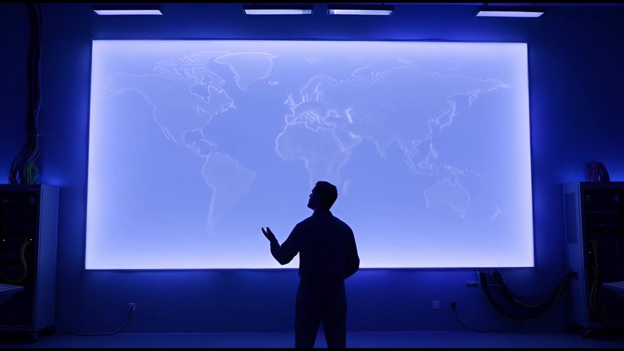 Man in Control Room Interacting with Large Digital World Map