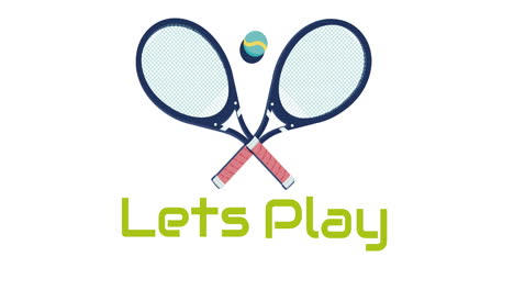 animation of lets play and tennis rockets and ball on white background