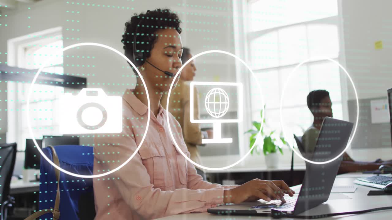 Animation of data processing and icons over diverse business people using phone headset in office