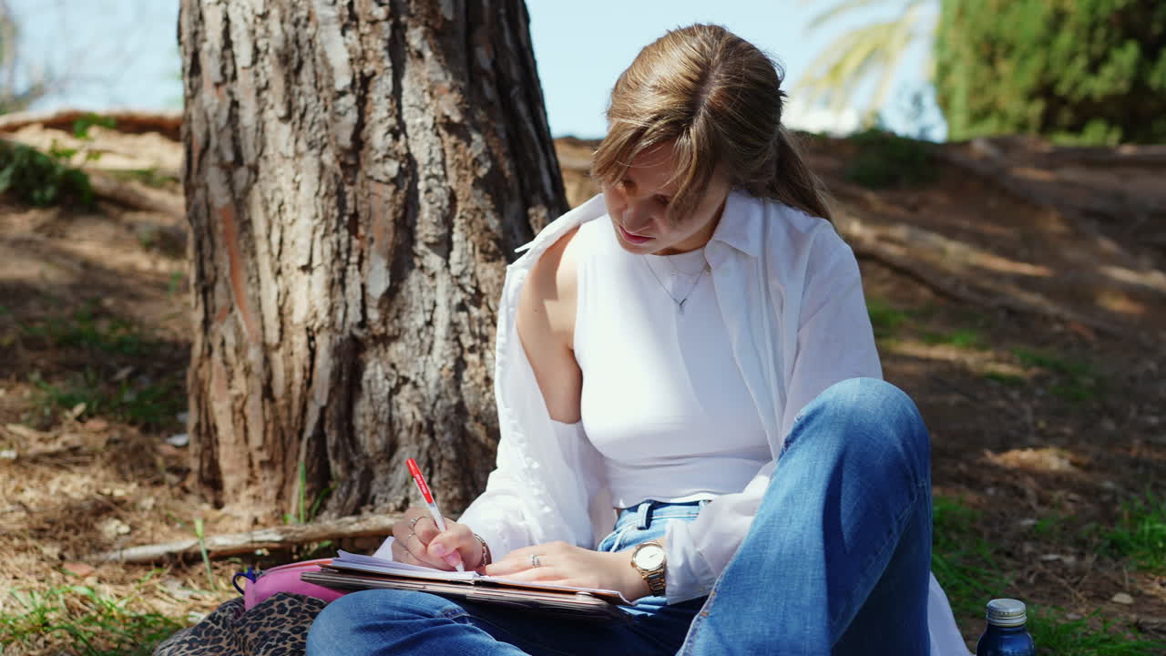 Donna che studia all'aperto sotto un albero