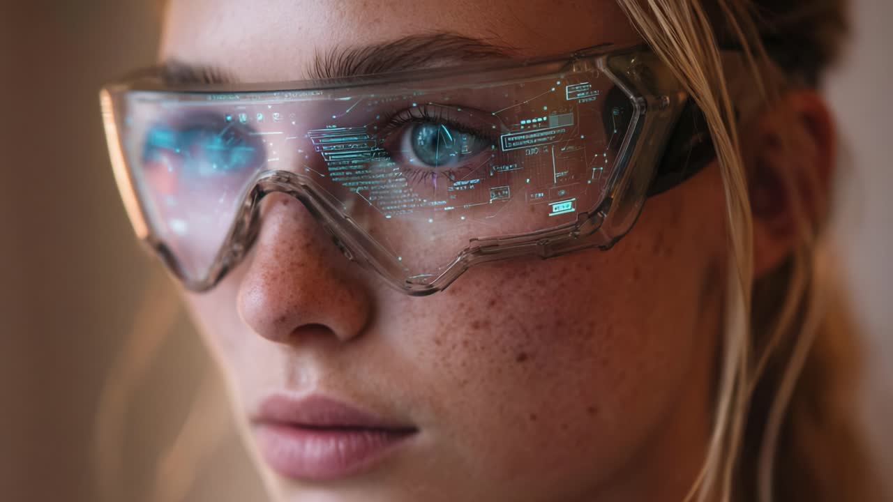 Futuristic Interaction: A Close-Up of a Young Woman Wearing High-Tech Augmented Reality Glasses with Digital Display Reflections and Intense Eye Color