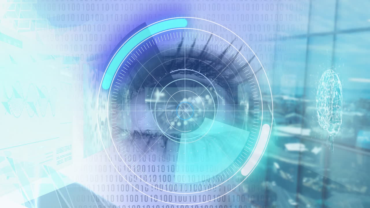 사무실 창에 대한 여성 눈의 클로즈업에 대한 둥근 스캐너와 바이너리 코딩 데이터 처리