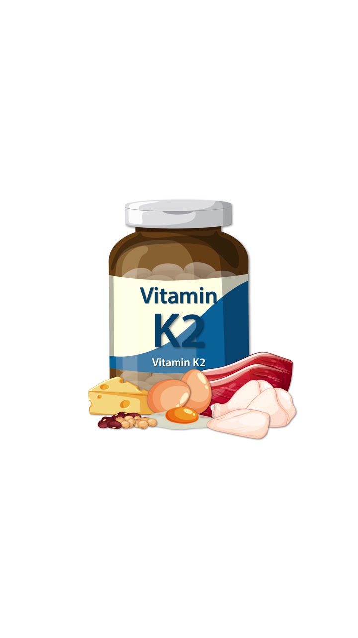 Un flacone di Vitamina K2 con formaggio, carne, uova e pollo appare, isolato su sfondo bianco.