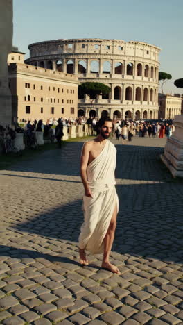 man in toga at the colosseum in rome