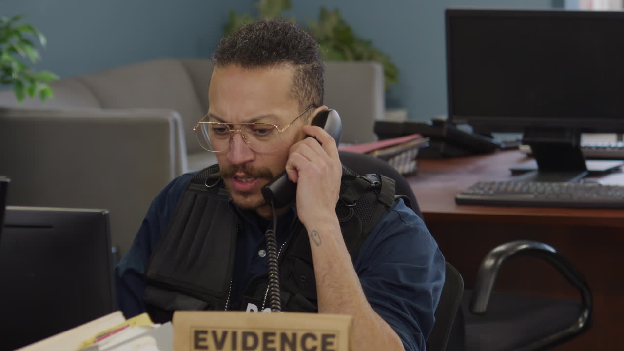 oficial de policía negro en servicio de escritorio contesta el teléfono
