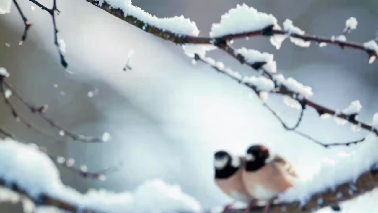 Close-up video shot of two birds perched on a snow-covered branch, capturing a serene winter scene