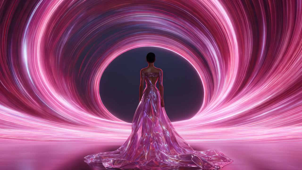 A mesmerizing figure stands gracefully within an enchanting swirl of vibrant pink light, draped in a stunning, translucent gown that captures the energy of a swirling cosmic vortex