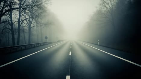 a serene journey through the fog: an eerie yet captivating scene depicting an empty, misty road flanked by leafless trees in the stillness of nature