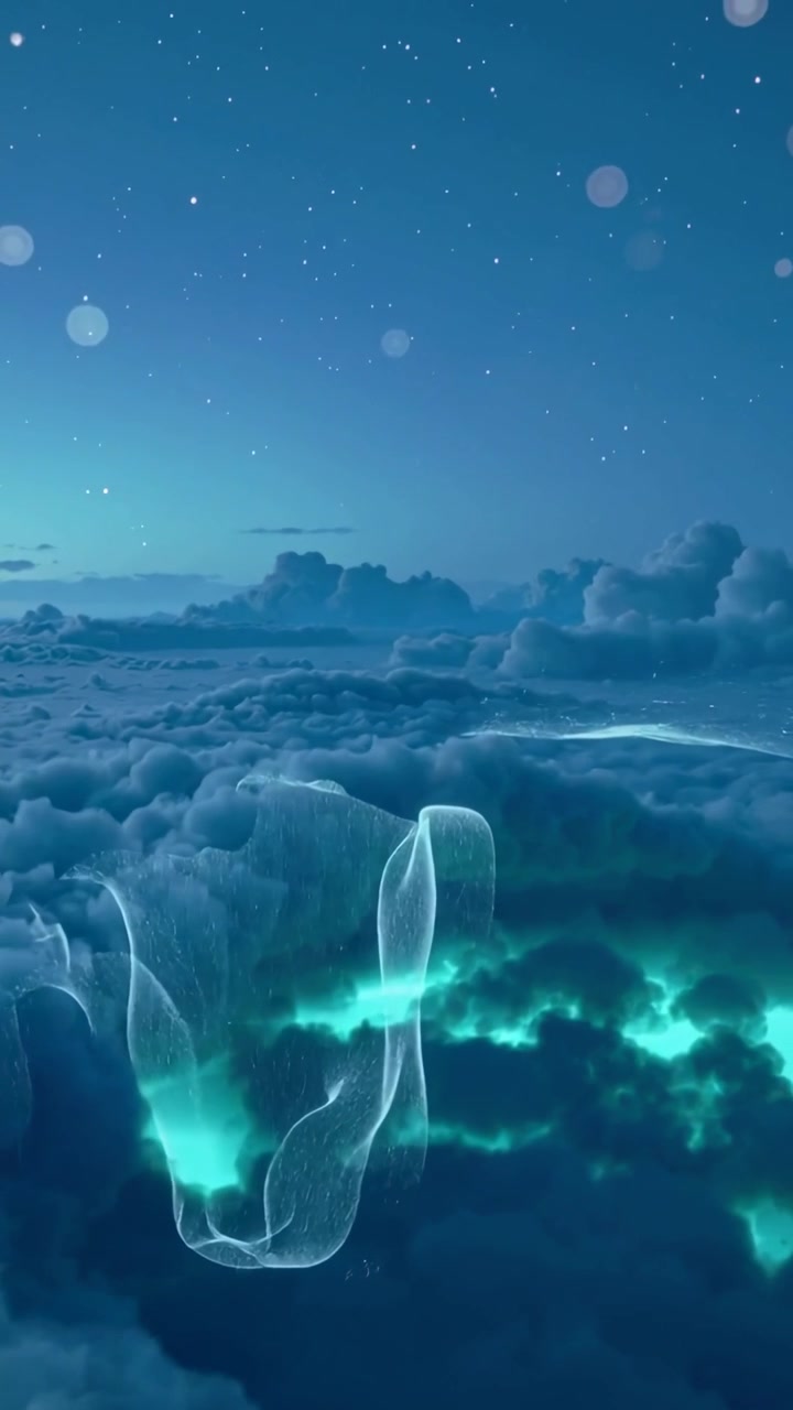 Video verticale: Un nastro traslucido che emerge e fluttua sopra uno strato di nuvole sotto le stelle, illuminando le cime.
