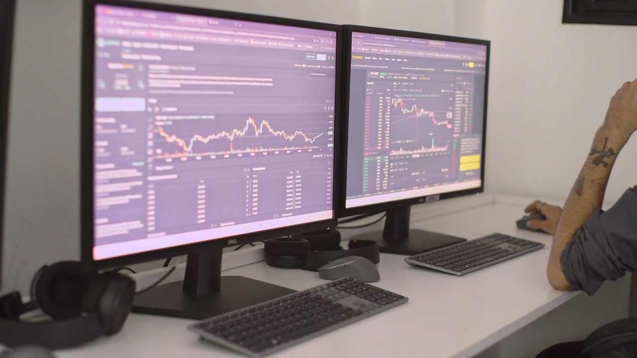 Professional trader intently analyzing cryptocurrency market trends using multiple computer screens, focusing on digital asset performance and investment strategies"