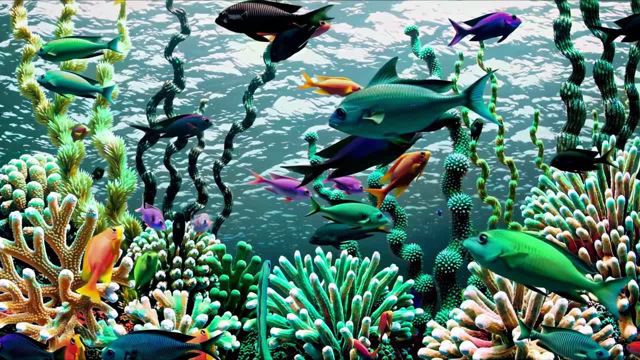 Vibrant underwater scene with colorful fish and corals. Captured from a side angle