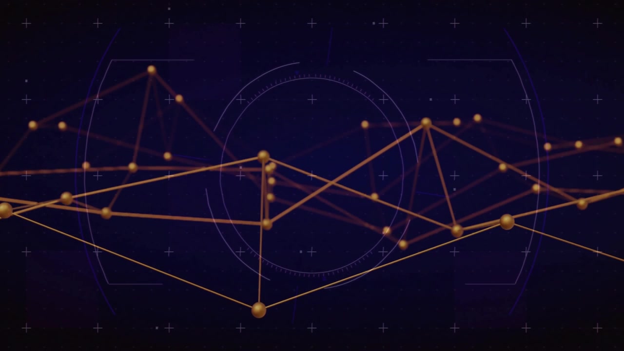 At start, golden node network oscillating and realigning under rotating HUD for smooth looping