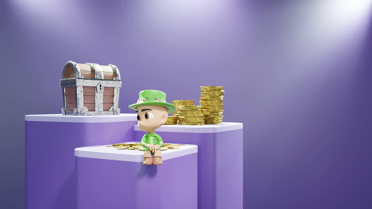 Dia de São Patrício, conceito Irlanda, duende irlandês sentado em pedestal para exibição de produto de e-commerce online com tesouro de ouro e moedas, fundo de luz roxa