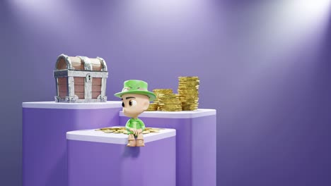 día de san patricio irlanda concepto enano irlandés sentado en un pedestal para el producto exhibición de comercio electrónico en línea con tesoro de oro y moneda moneda de fondo claro púrpura