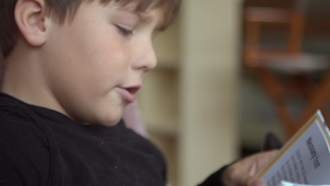 маленький мальчик читает, по слогам, вслух в своей первой книге