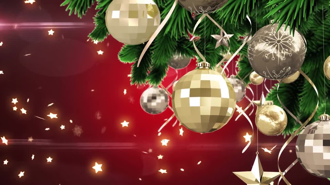 animación de burbujas de navidad sobre fondo rojo con estrellas cayendo