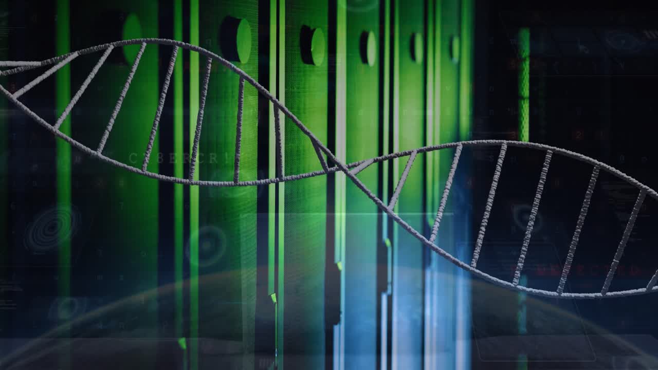 Animation of spinning dna strand over server room