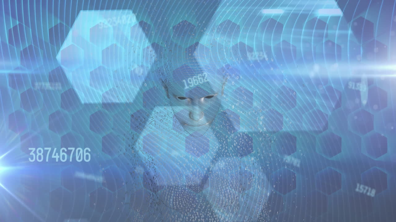 파란색 배경의 육각형 모양에 대한 인체 모델 위에 변하는 숫자의 애니메이션