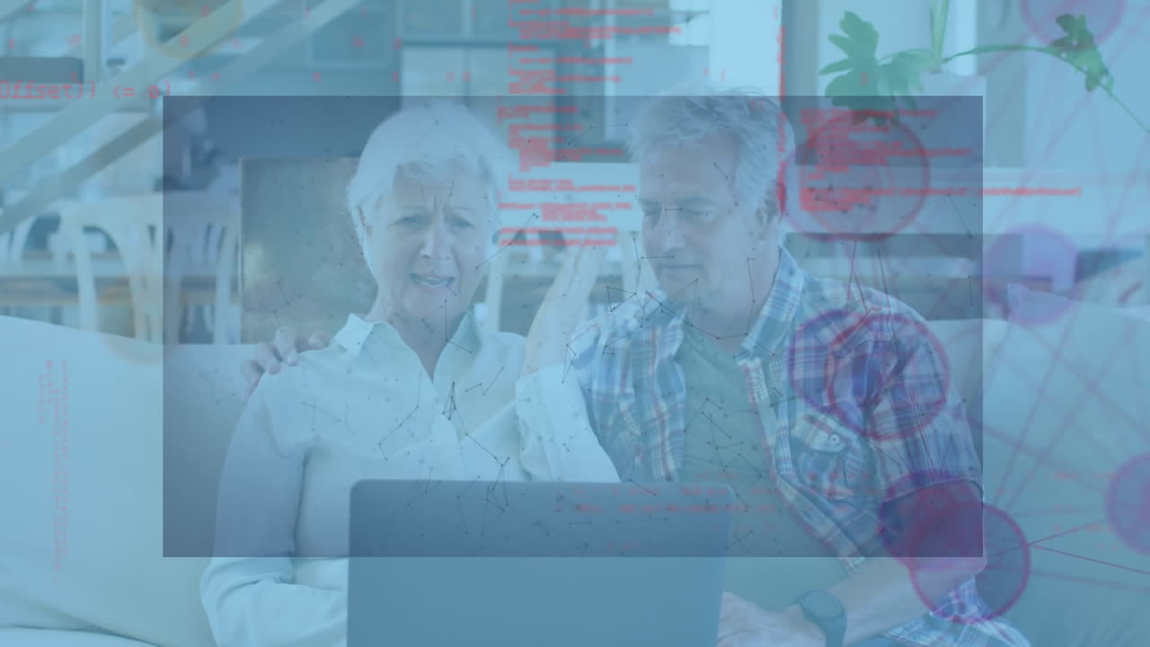 노트북을 가진 백인 노인 부부에 대한 연결 네트워크와 데이터 처리의 애니메이션.