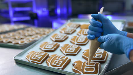 Gingerbread houses being decorated with icing. White glazing being squeezed from a pastry bag on the beautiful cookies. Close up.