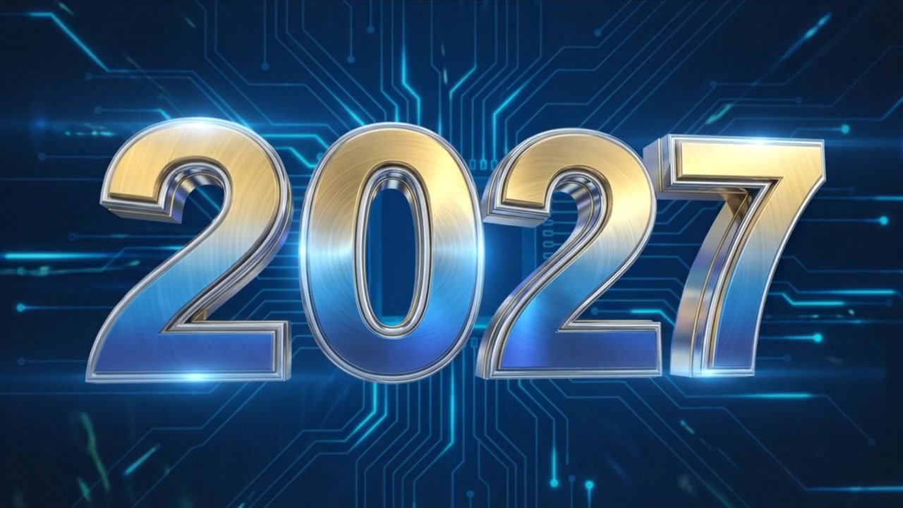 Testo 3D metallico 2027 che ruota su sfondo di circuito stampato digitale