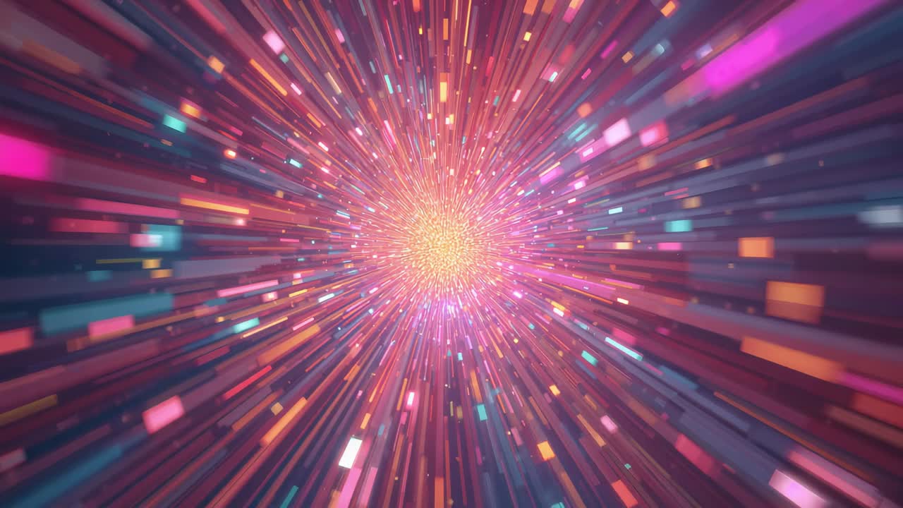 Zooming cam moving toward core in CGI tunnel, showing radial streaks and sparks for warp effect