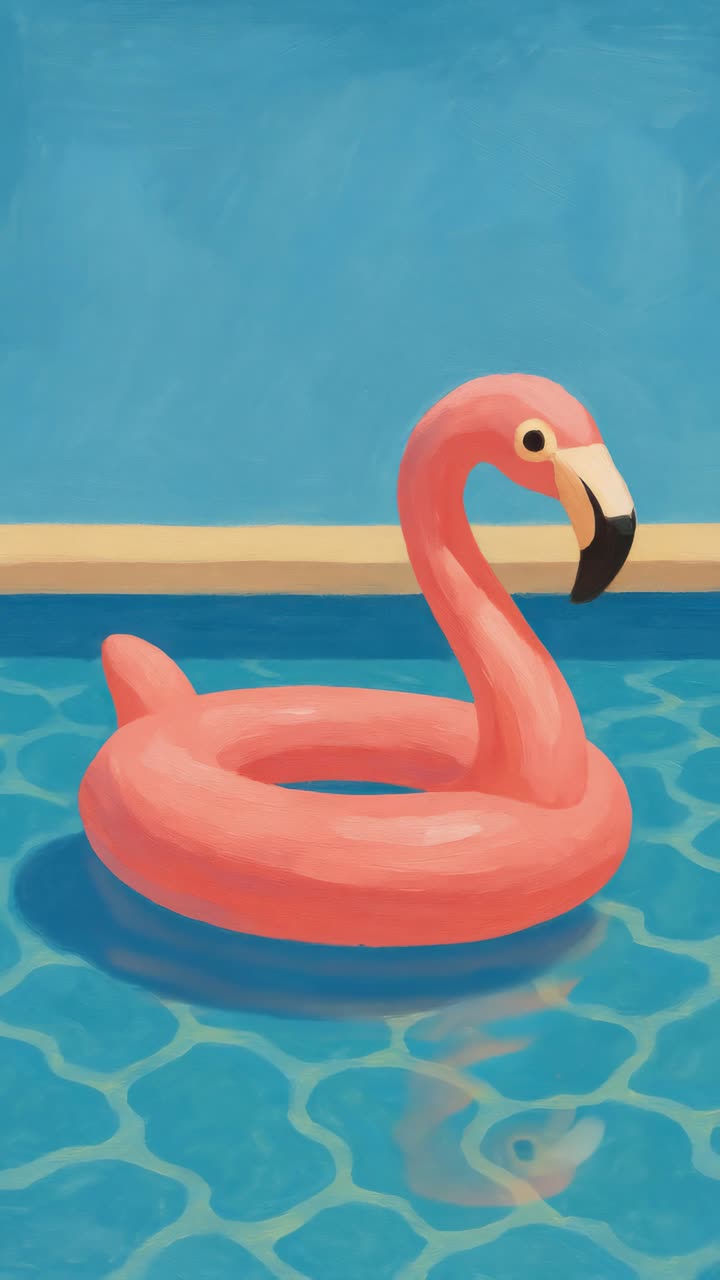 Aerial view of a pink flamingo float in a pool. Bright, summery vibe with a playful, retro style