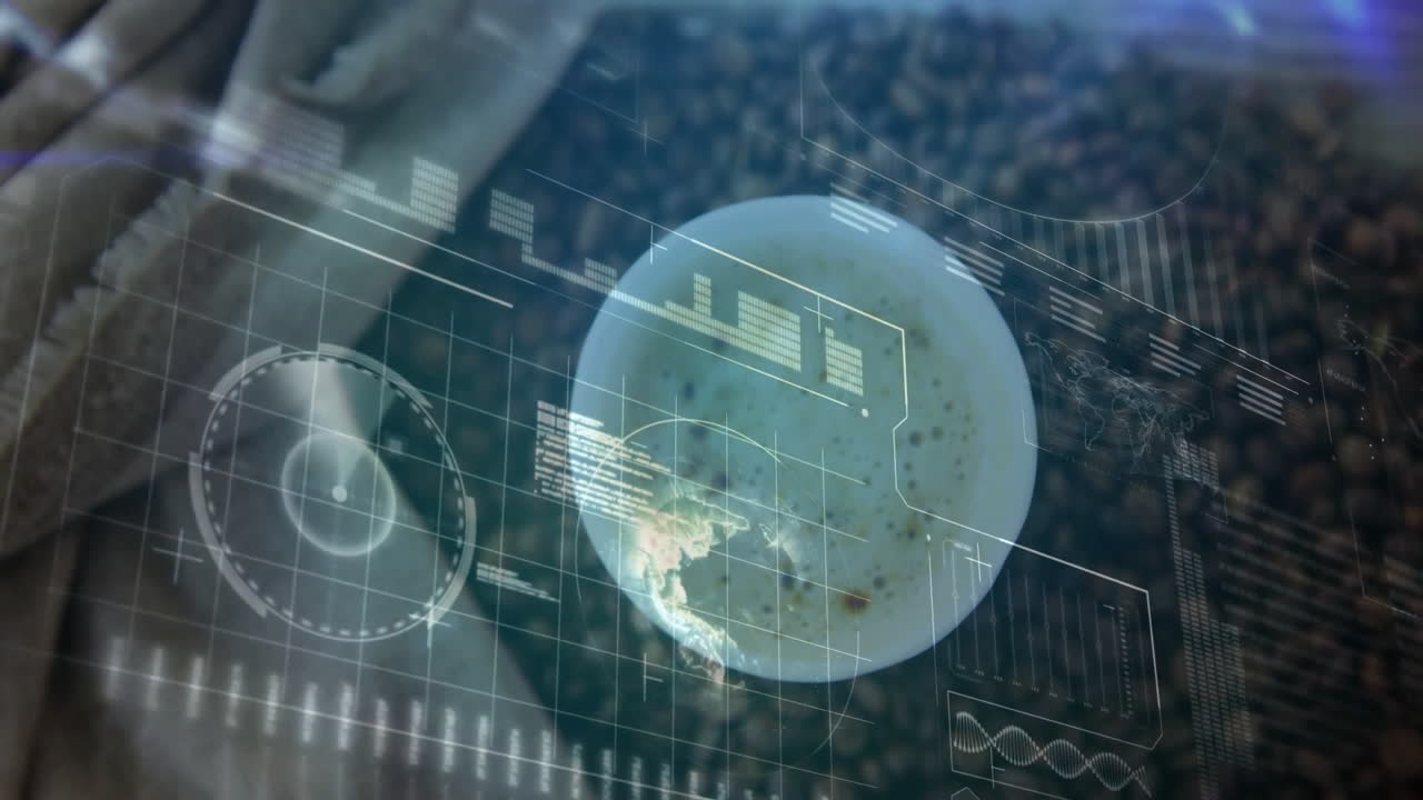 Coffee cup floating over wooden mat, showing holographic grid, radar, bar charts, world map