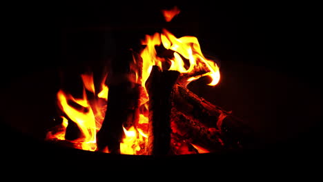 Campfire-flames-burn-firewood-bright-orange-during-night-at-outdoor-campsite