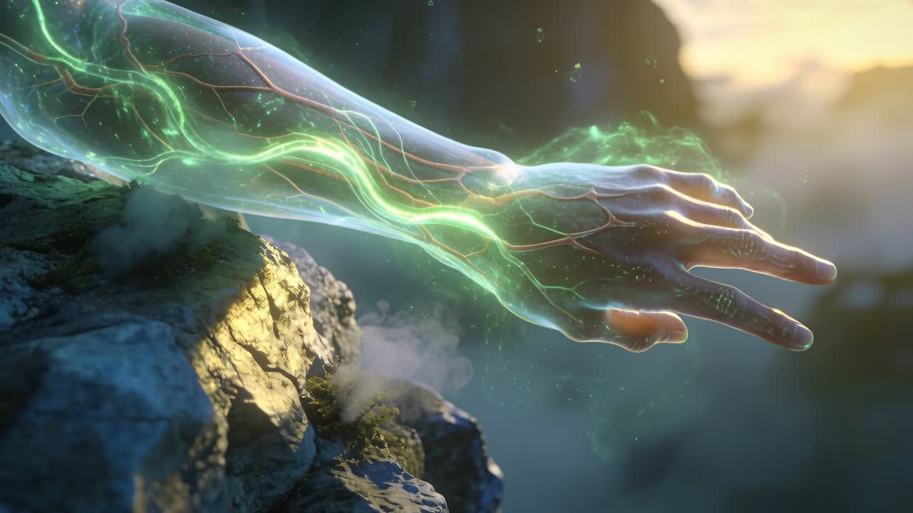 Avambraccio trasparente che emerge e scivola su una sporgenza rocciosa al crepuscolo, con vene pulsanti che aprono il palmo e rilasciano un bagliore.