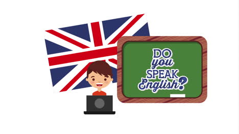 student with chalkboard and british flag learn english