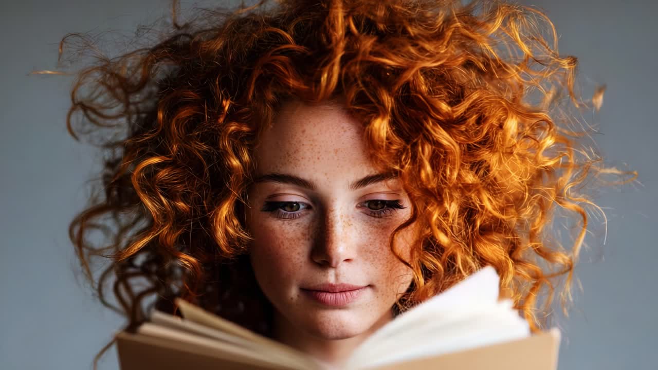 A young woman with vibrant curly red hair expresses curiosity and engagement while reading a book, capturing a moment of joy in literature and imagination
