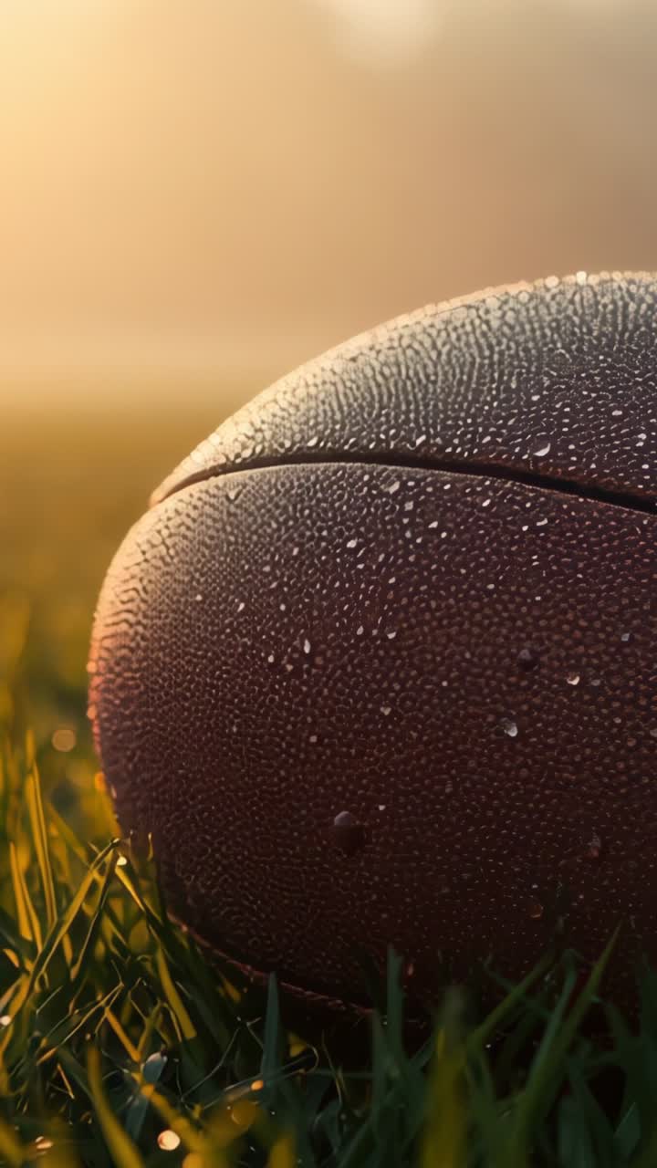 Vertical video: Morning sun rising causing dew drops glistening on football in grass, copy space