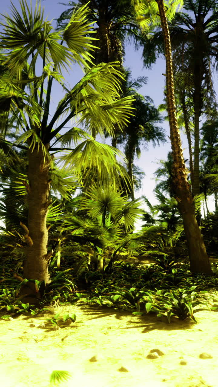 Lush tropical landscape with palm trees on a sunny beach at midday