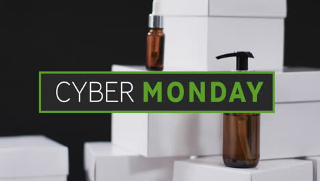 animation of cyber monday text over boxes and beauty products