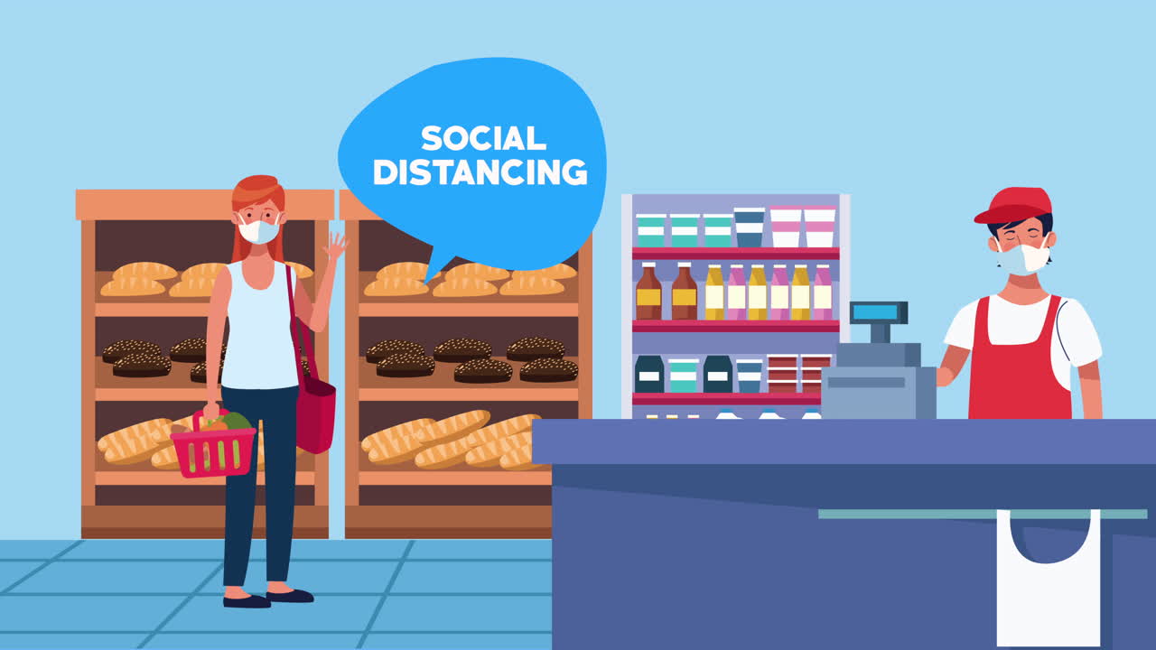 슈퍼마켓 판매자와 남성 고객과의 사회적 거리 두기 캠페인